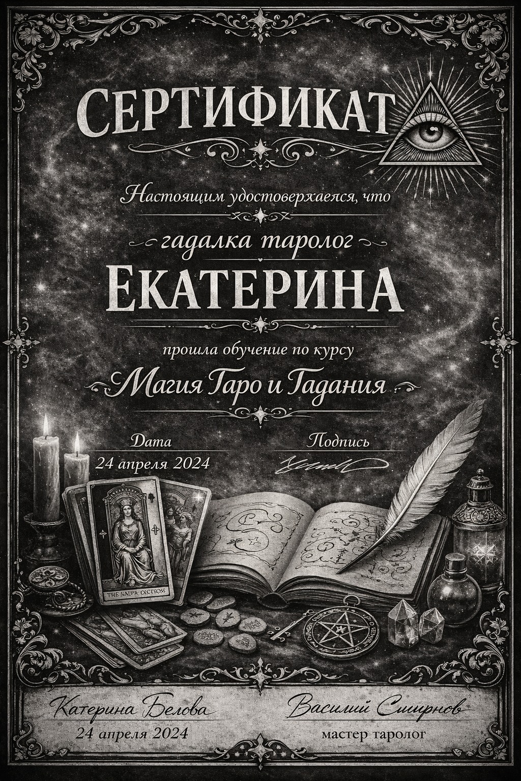 Официальный сертификат таролога Екатерины Беловой
